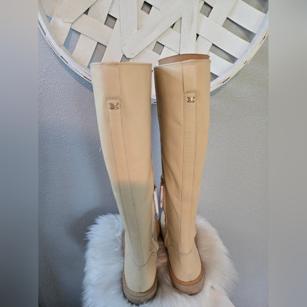 Sam Edelman Nance Elegant Beige Knee-High Lace-Up Boots In Eggshell - Picture 5 of 13